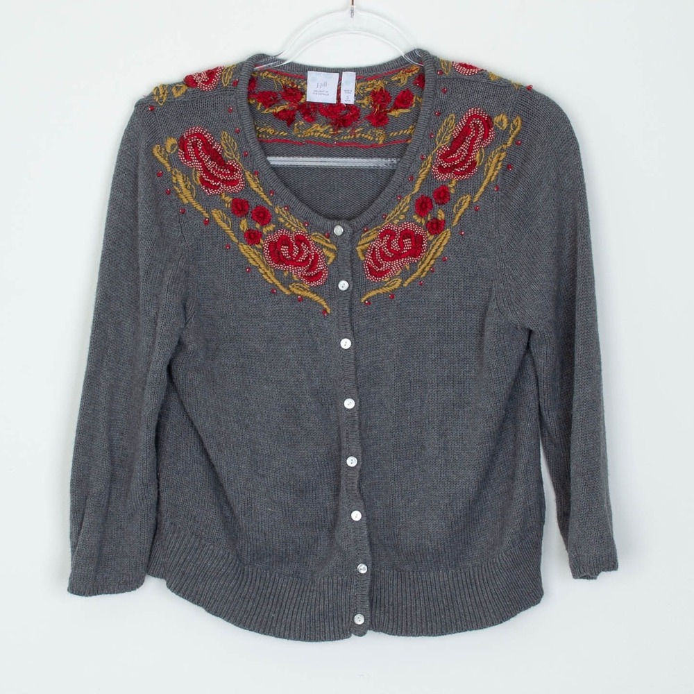 J. Jill‎ Gray Embroidered Rose Beaded Button Cardigan Sweater Womens S Petite